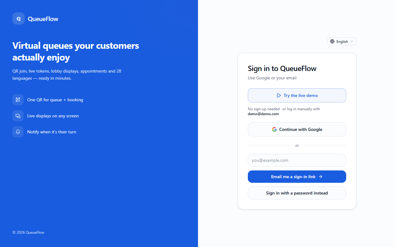 QueueFlow sign-up screen