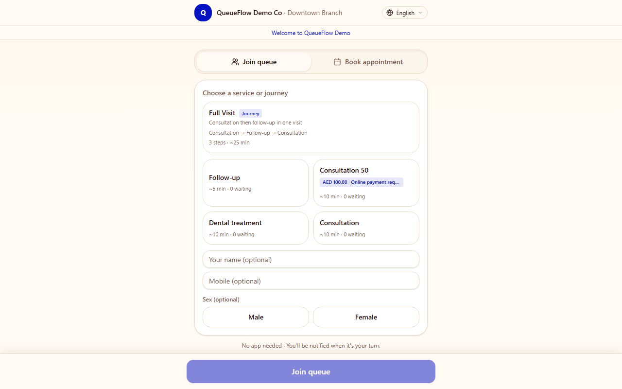 Customer queue join page on mobile