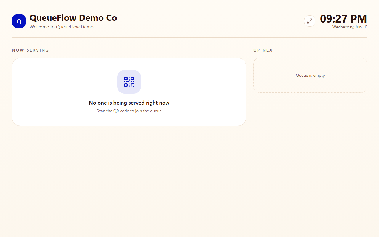 Live queue display screen in a waiting room