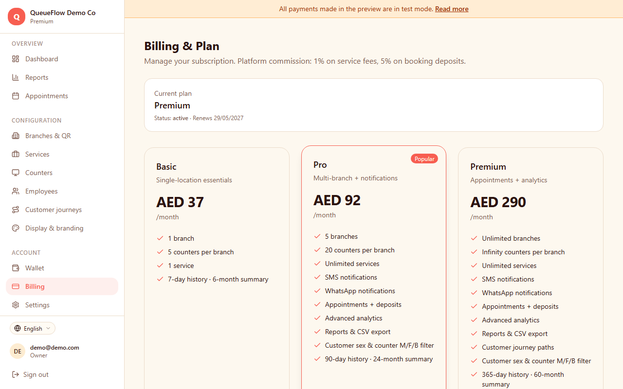 Billing and subscription management page